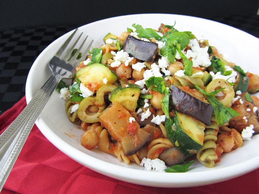 Eggplant & Zucchini Pasta with Chickpeas, Olives and Feta