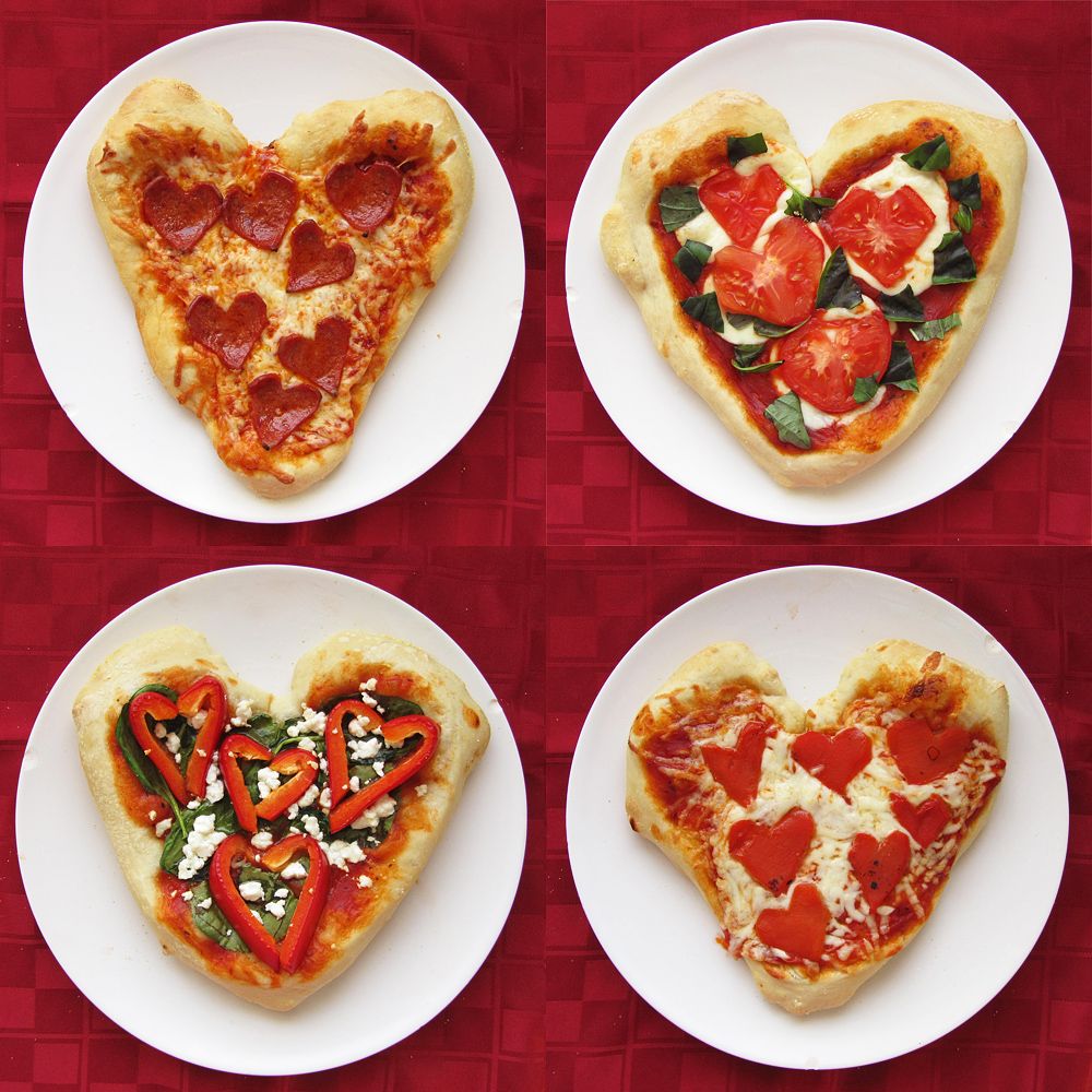 Heart shaped personal pizzas with heart shaped toppings