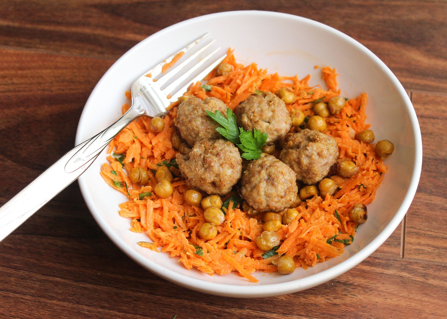 carrot salad with tahini dressing, crispy chickpeas, and baked turkey meatballs