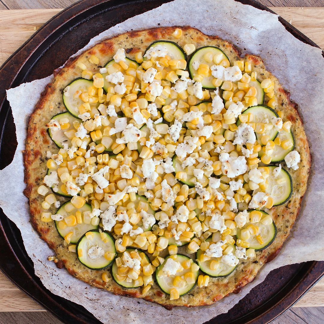 Cauliflower Crust Pizza with Corn, Zucchini, & Goat Cheese