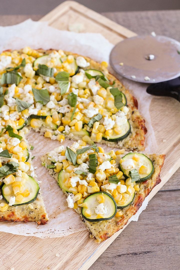 Cauliflower Crust Pizza with Corn, Zucchini, & Goat Cheese