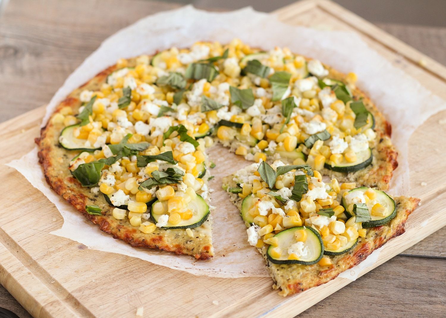 Cauliflower Crust Pizza with Corn, Zucchini, & Goat Cheese