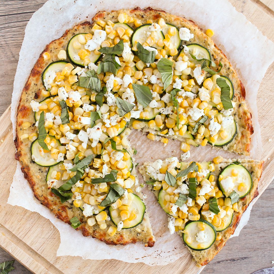 Cauliflower Crust Pizza with Corn, Zucchini, & Goat Cheese