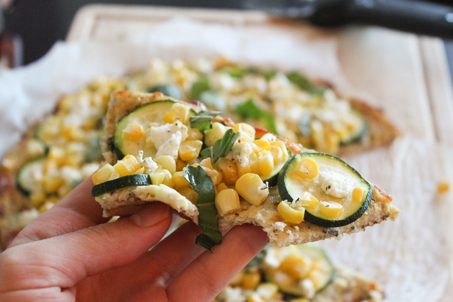 Cauliflower Crust Pizza with Corn, Zucchini, & Goat Cheese