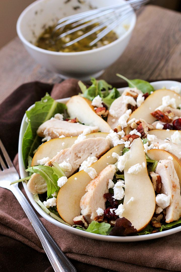 Chicken, Pear, and Goat Cheese Salad with Wheat Beer Vinaigrette