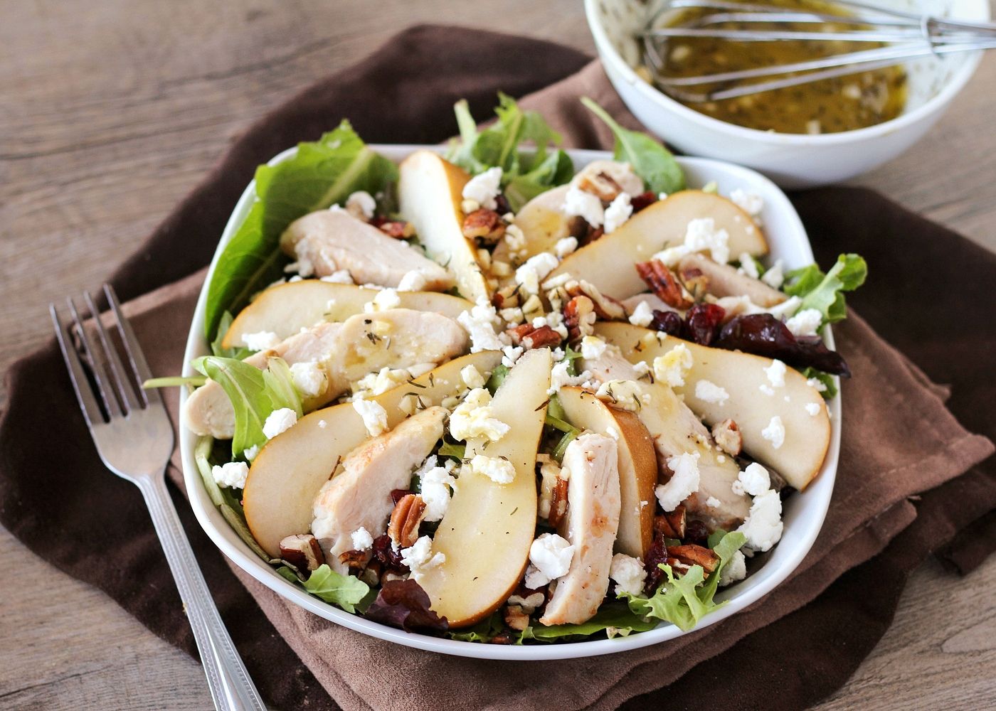 Chicken, Pear, and Goat Cheese Salad with Wheat Beer Vinaigrette