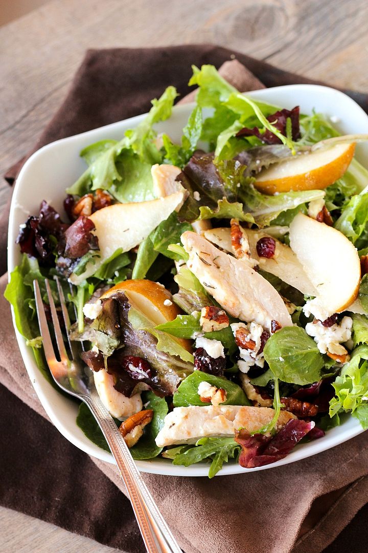Chicken, Pear, and Goat Cheese Salad with Wheat Beer Vinaigrette