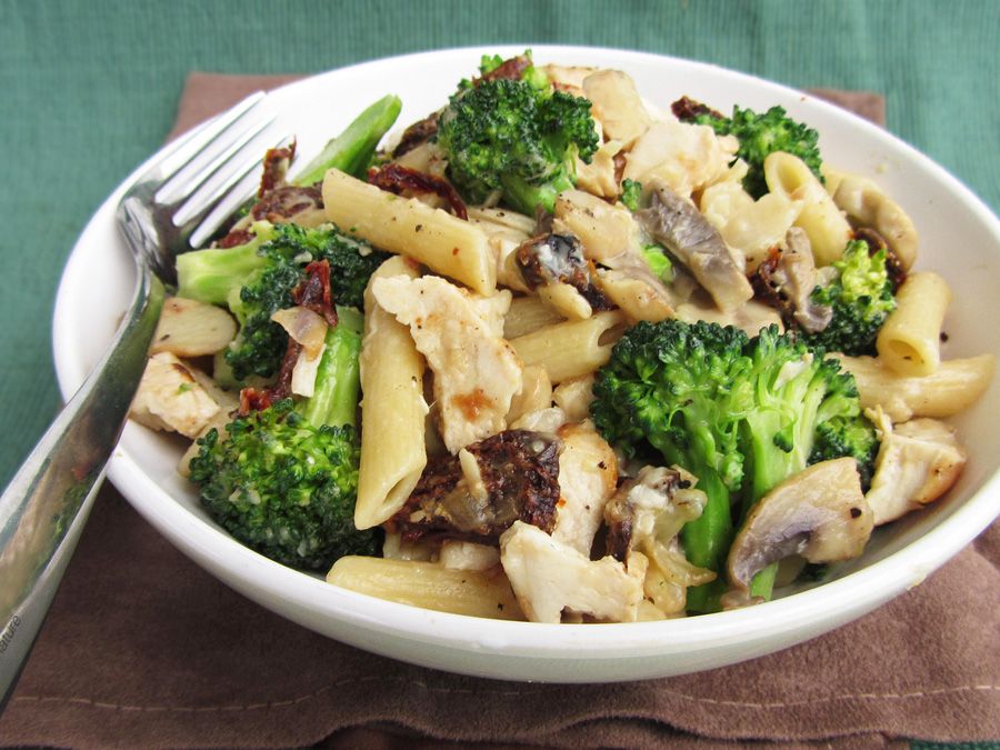 Pasta with Chicken and Broccoli in a Mushroom White Wine Sauce