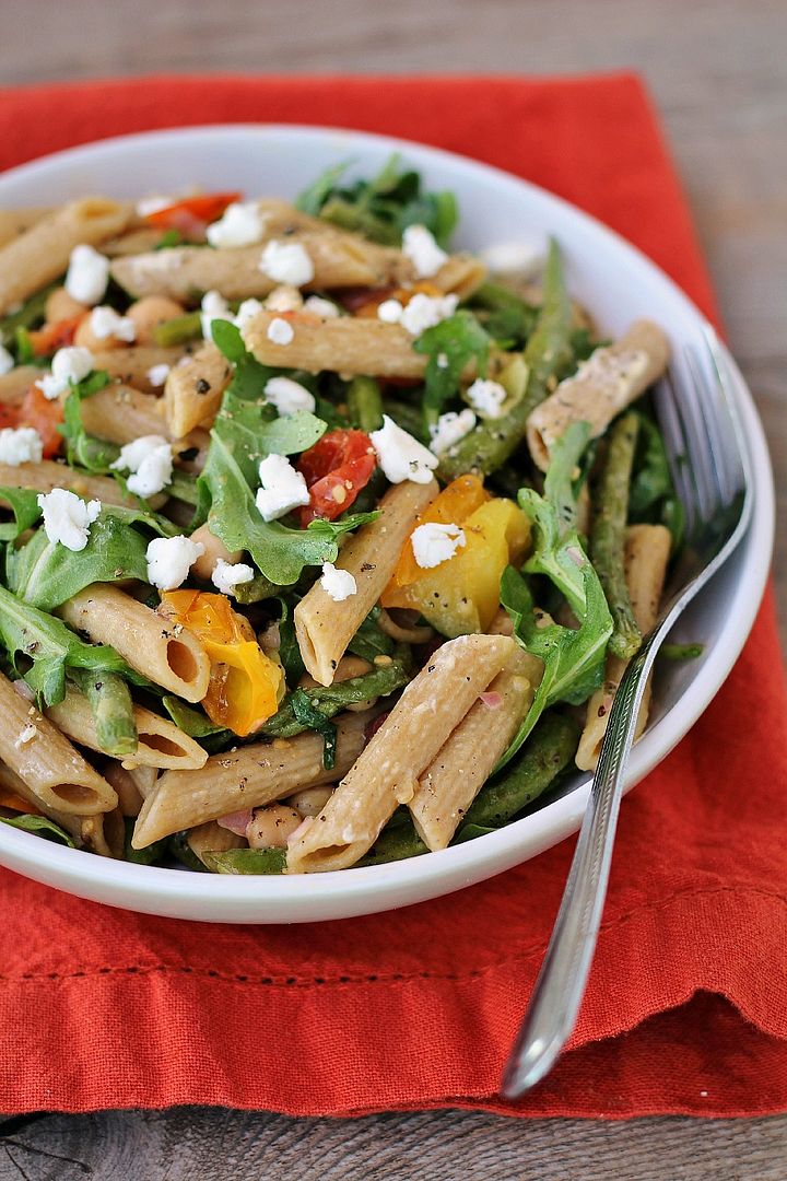 Arugula Pasta Salad with Goat Cheese, Olives, Chickpeas, and Roasted Veggies
