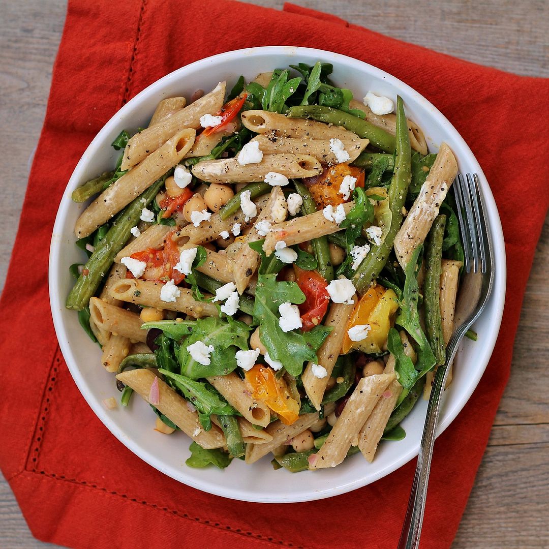 Arugula Pasta Salad with Goat Cheese, Olives, Chickpeas, and Roasted Veggies