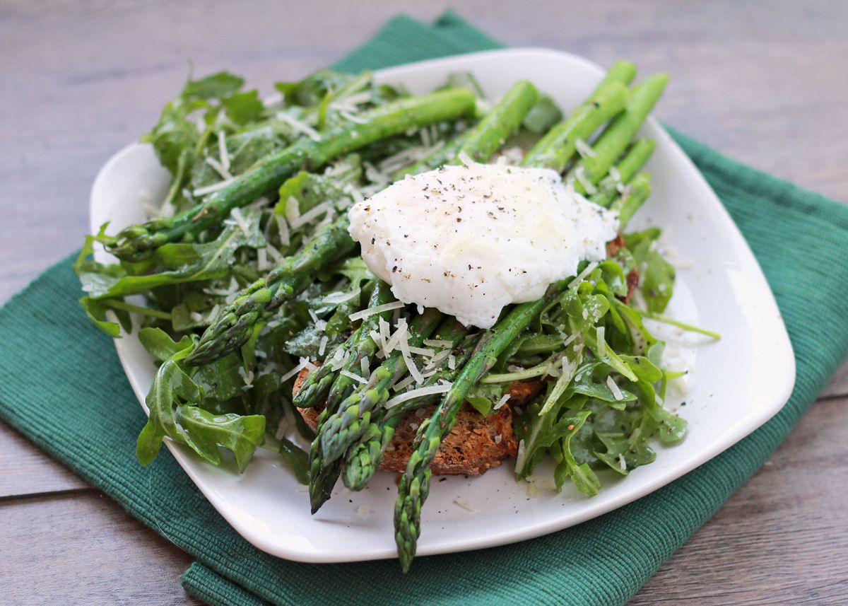 Roasted Asparagus & Arugula Salad with a Poached Egg on Toast