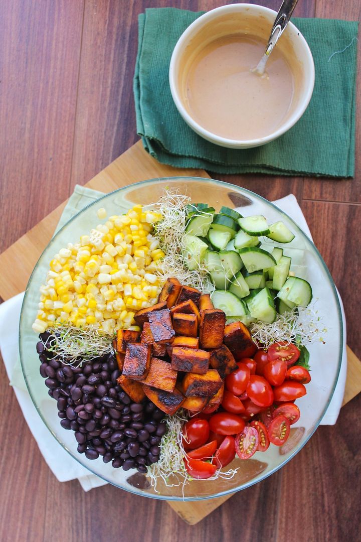 BBQ Tofu, Bean, Tomato & Corn Salad with BBQ Yogurt Dressing