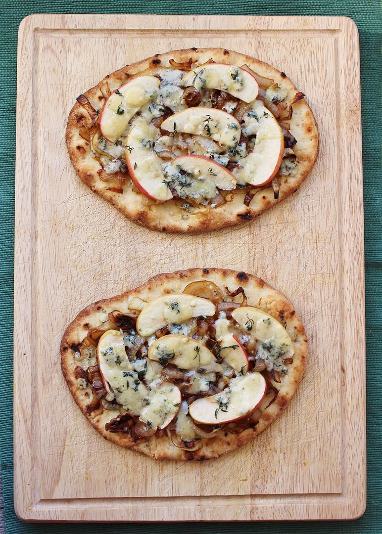 Caramelized Onion, Apple, and Blue Cheese Naan Pizzas