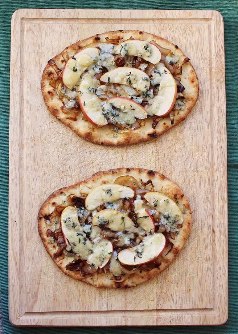 Caramelized Onion, Apple, and Blue Cheese Naan Pizzas