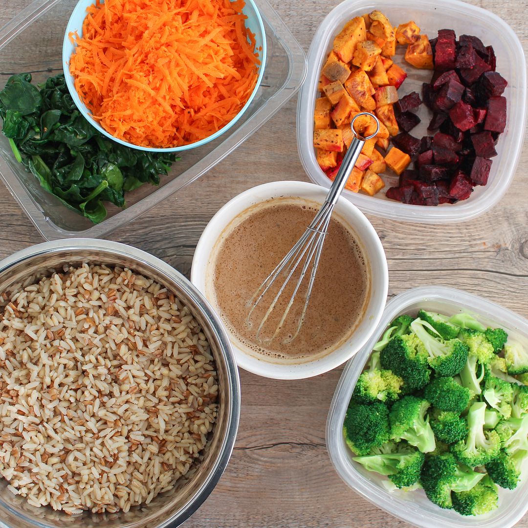 Chickpea & Roasted Veggie Brown Rice Barley Bowl with Tahini Dressing