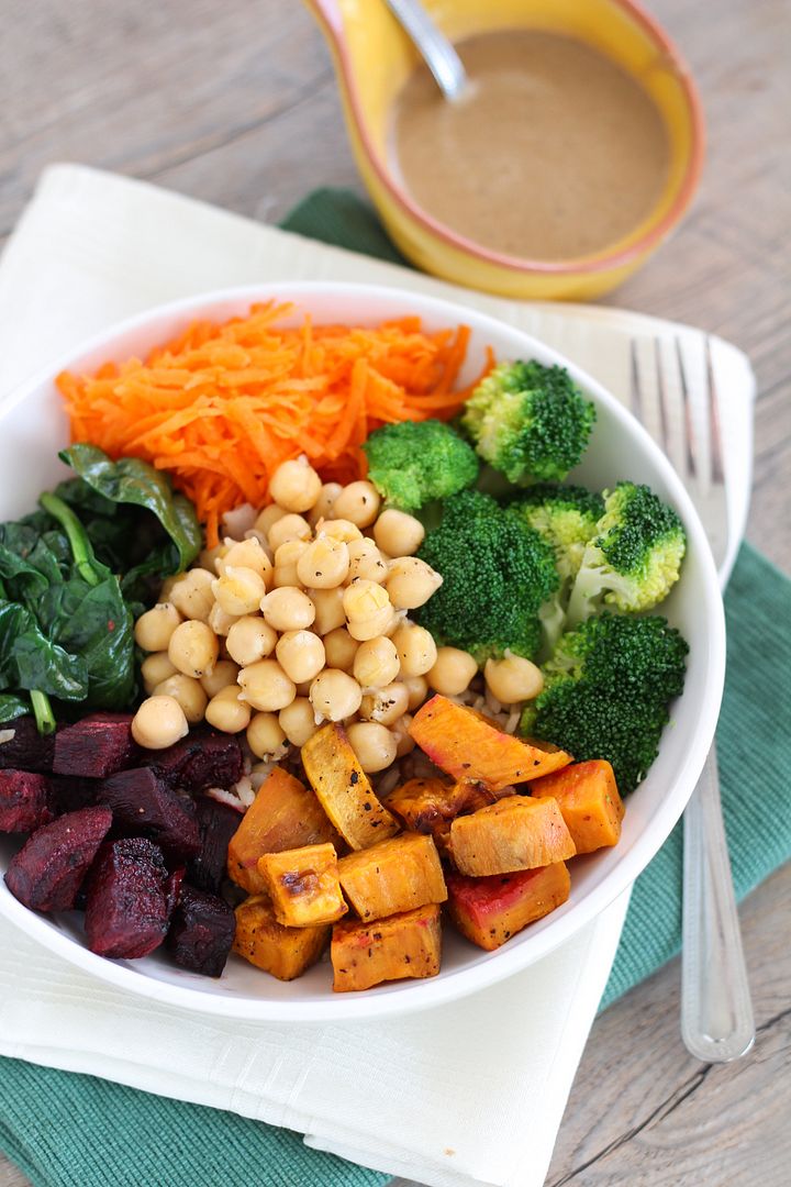 Chickpea & Roasted Veggie Brown Rice Barley Bowl with Tahini Dressing