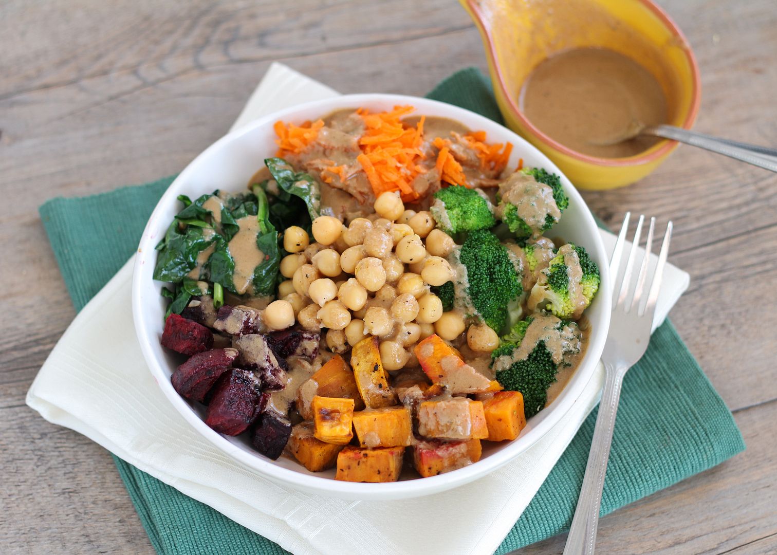 Chickpea & Veggie Brown Rice Barley Bowl with Tahini Dressing