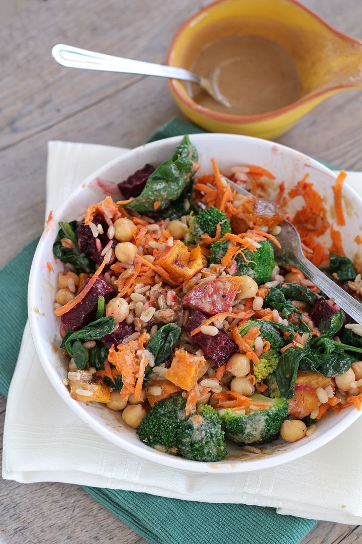 Chickpea & Veggie Brown Rice Barley Bowl with Tahini Dressing