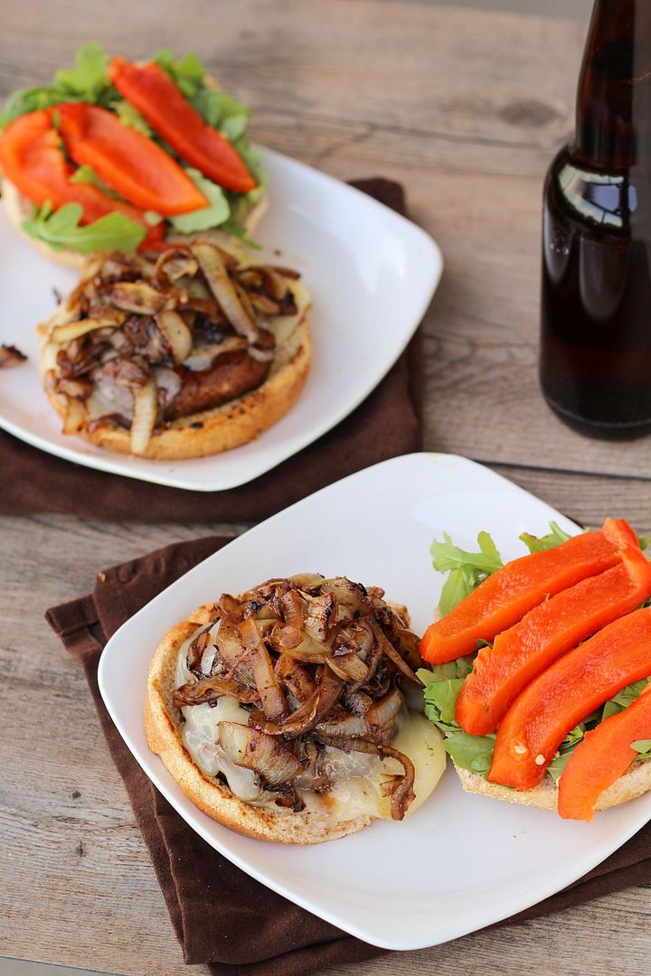 Portabella Mushroom Burgers with Provolone, Caramelized Onions, & Roasted Red Peppers