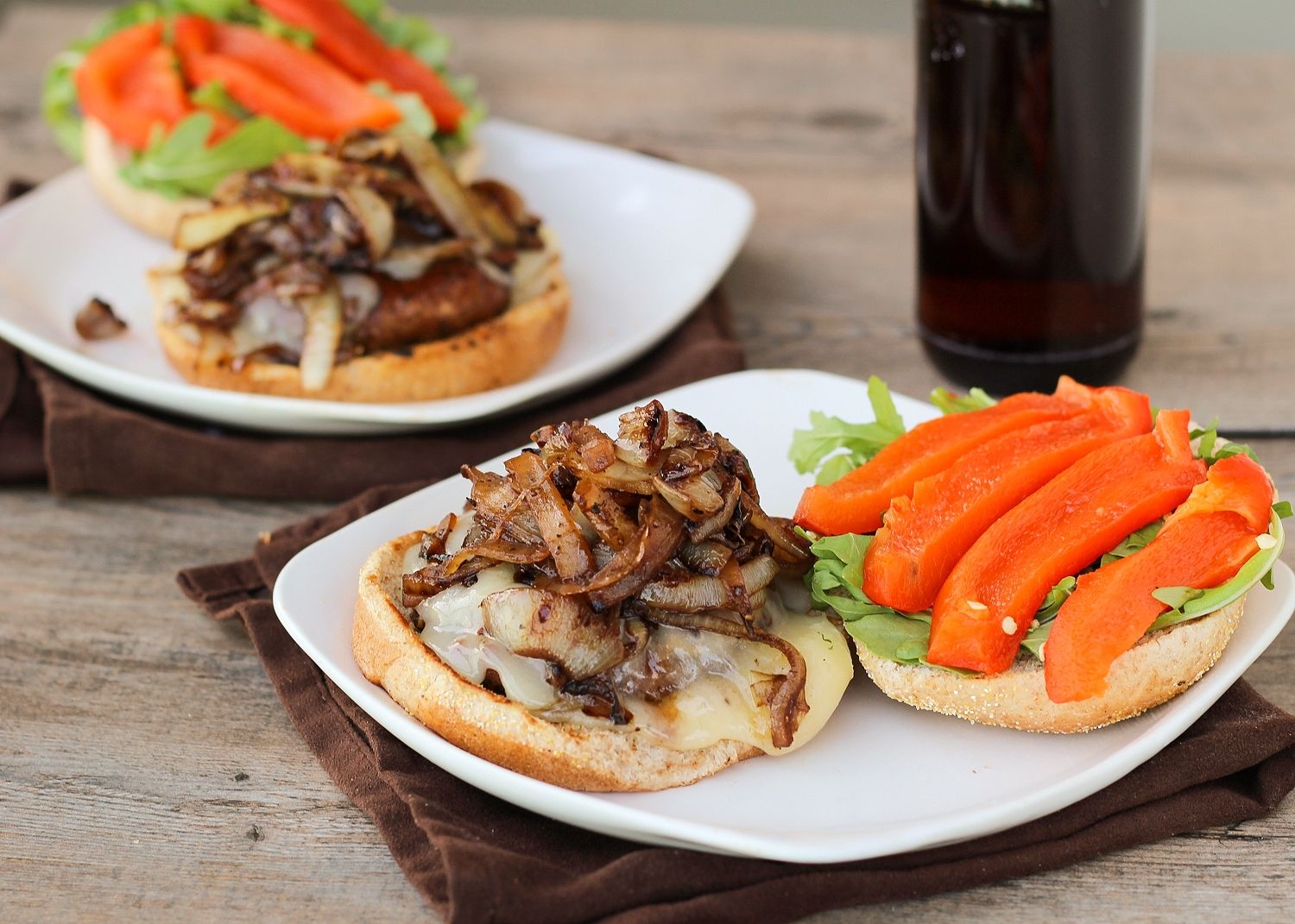 Portabella Mushroom Burgers with Provolone, Caramelized Onions, & Roasted Red Peppers