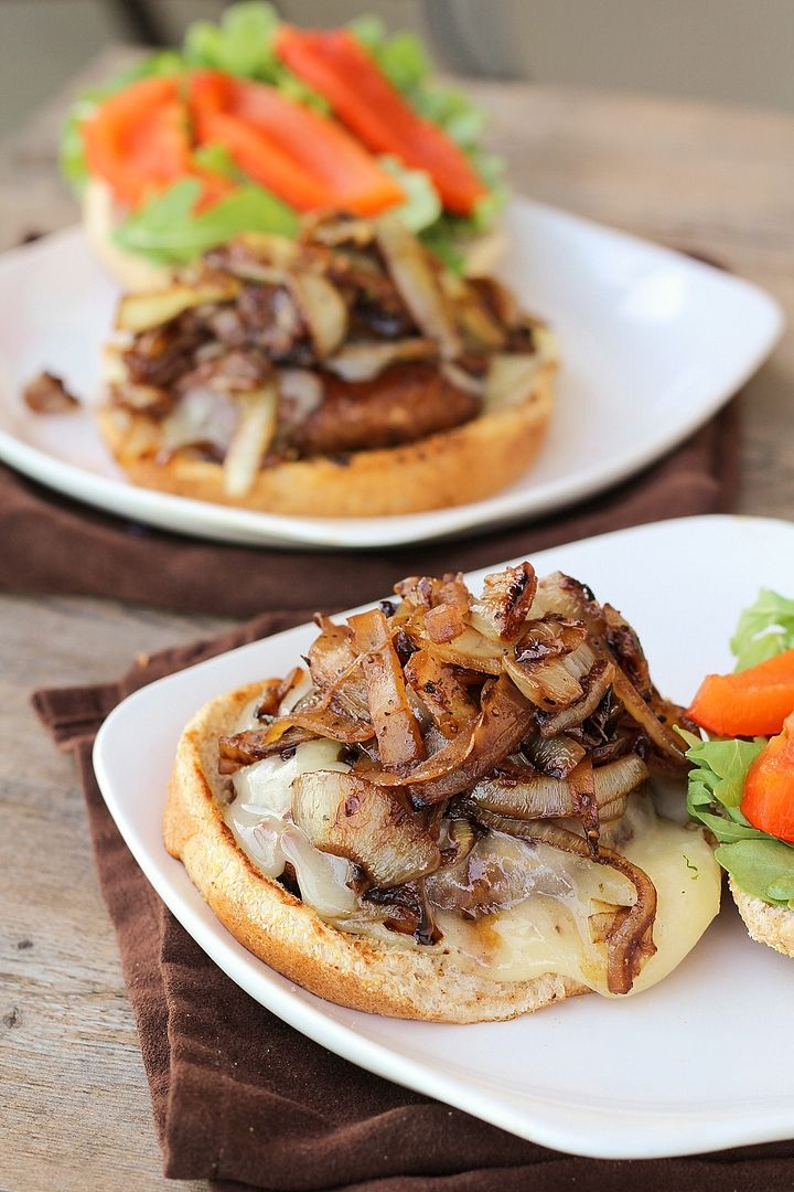 Portabella Mushroom Burgers with Provolone, Caramelized Onions, & Roasted Red Peppers