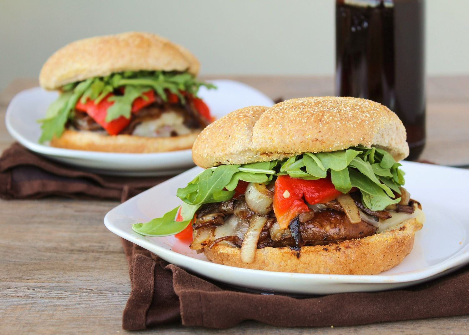 Portabella Mushroom Burgers with Provolone, Caramelized Onions, & Roasted Red Peppers