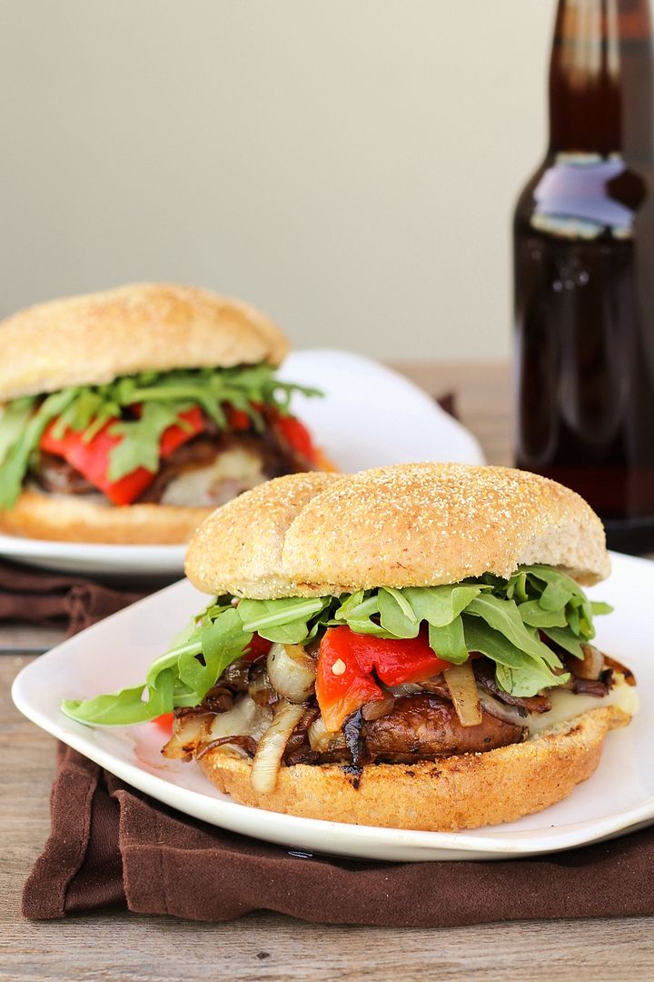 Portabella Mushroom Burgers with Provolone, Caramelized Onions, & Roasted Red Peppers