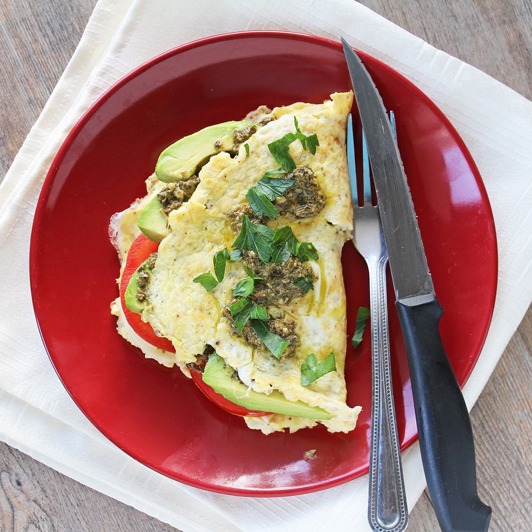 California Omelette with avocado, tomato, pesto, mozzarella