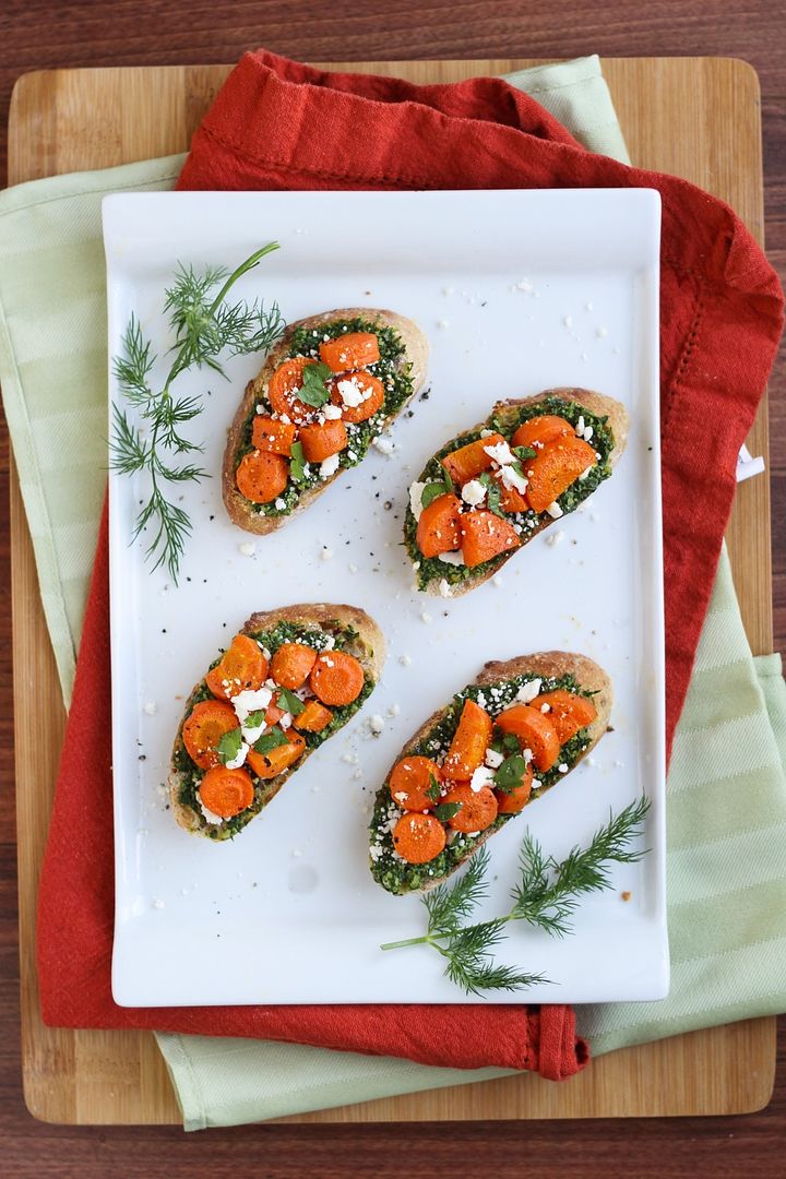 Roasted Carrot Crostini with Lemon Dill Pesto and Feta - an appetizer with bright Spring flavors that's perfect for Easter or anytime!