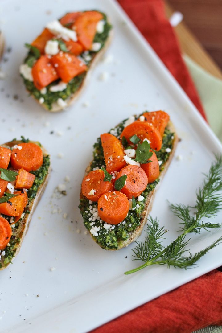 Roasted Carrot Crostini with Lemon Dill Pesto and Feta - an appetizer with bright Spring flavors that's perfect for Easter or anytime!