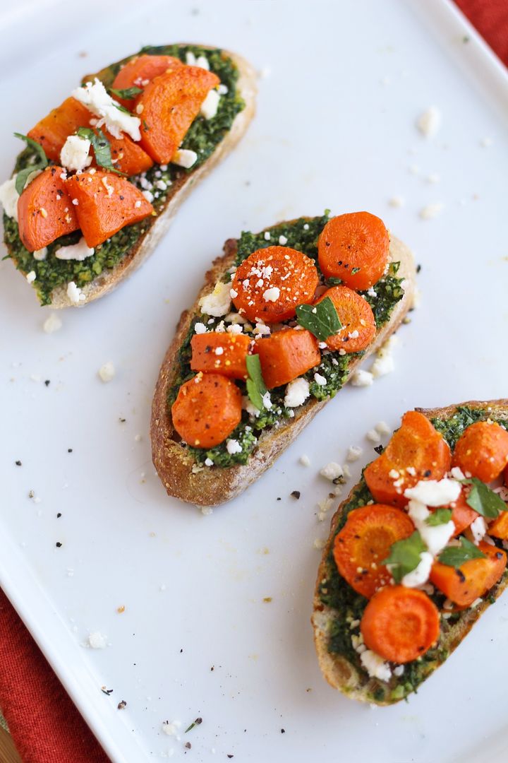Roasted Carrot Crostini with Lemon Dill Pesto and Feta - an appetizer with bright Spring flavors that's perfect for Easter or anytime!
