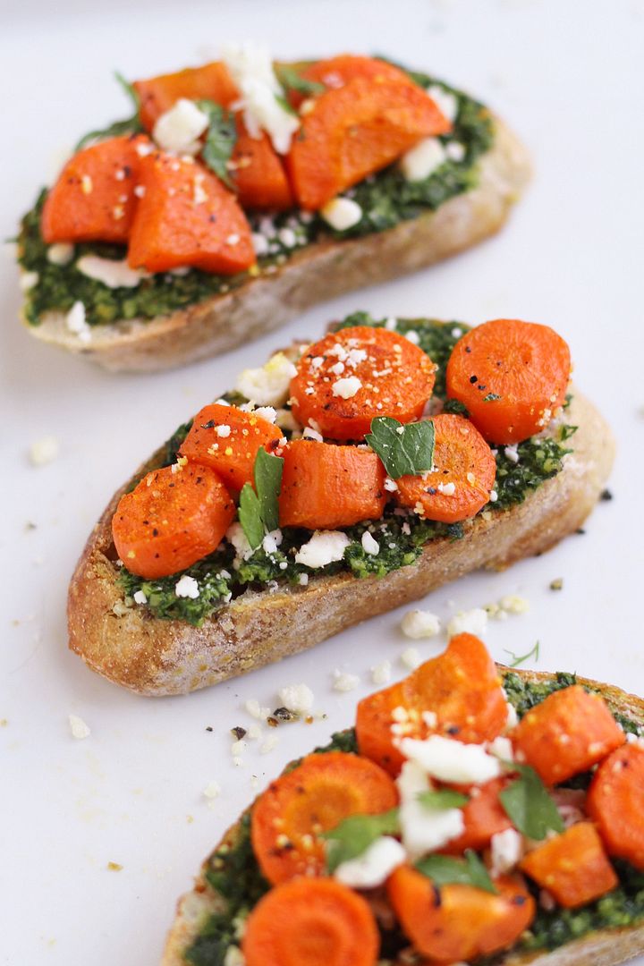 Roasted Carrot Crostini with Lemon Dill Pesto and Feta - an appetizer with bright Spring flavors that's perfect for Easter or anytime!