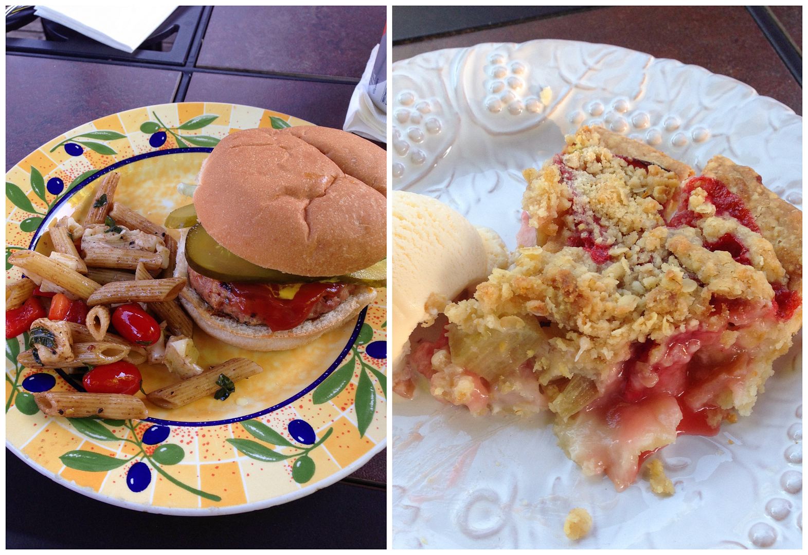 turkey burgers, pasta salad, rhubarb pie