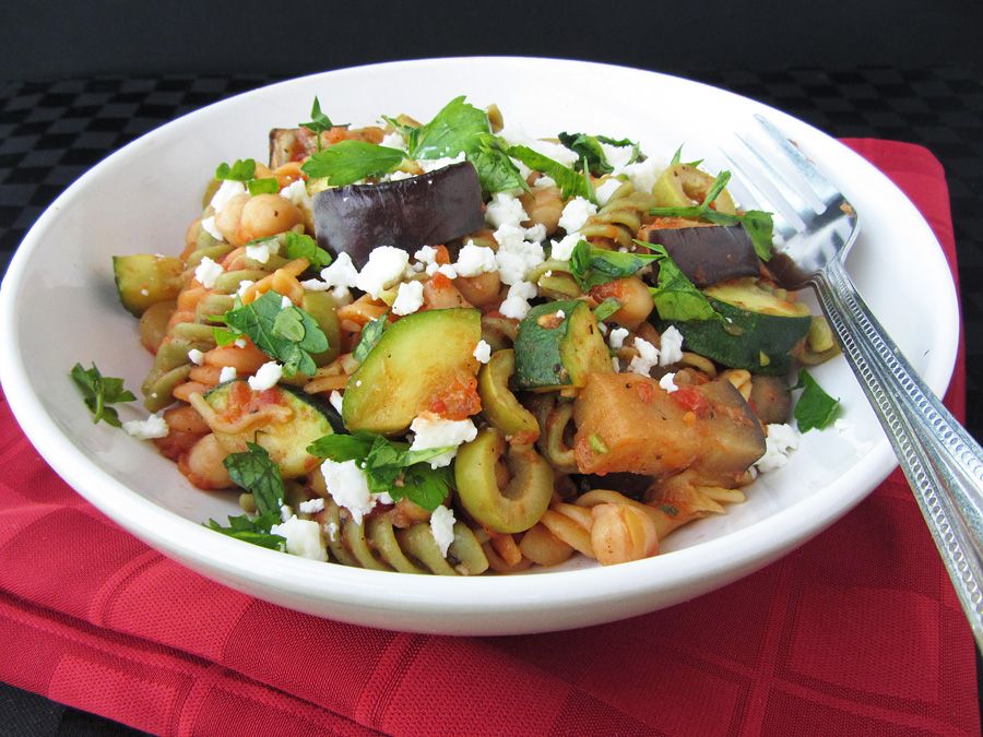 Eggplant & Zucchini Pasta with Chickpeas, Olives and Feta
