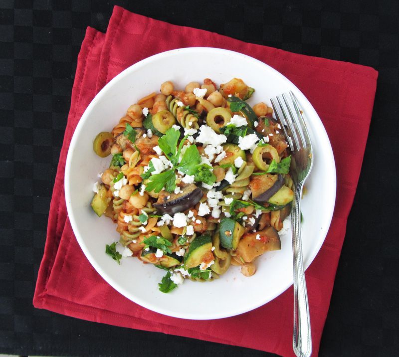 Eggplant & Zucchini Pasta with Chickpeas, Olives and Feta
