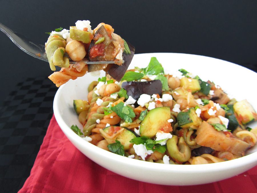 Eggplant & Zucchini Pasta with Chickpeas, Olives and Feta