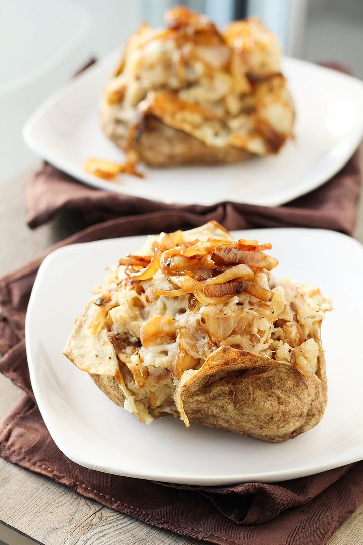 French Onion Stuffed Baked Potatoes | www.onceuponacuttingboard.com