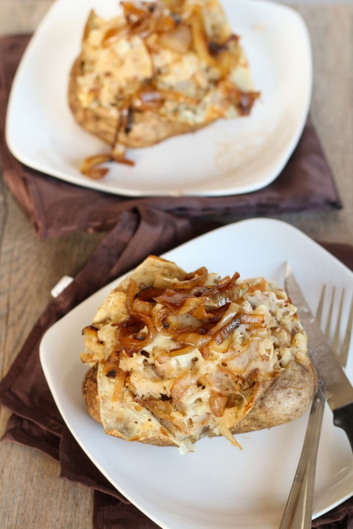 French Onion Stuffed Baked Potatoes | www.onceuponacuttingboard.com