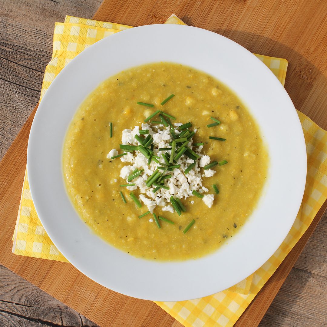 Golden Summer Squash and Corn Soup, topped with Feta & Chives