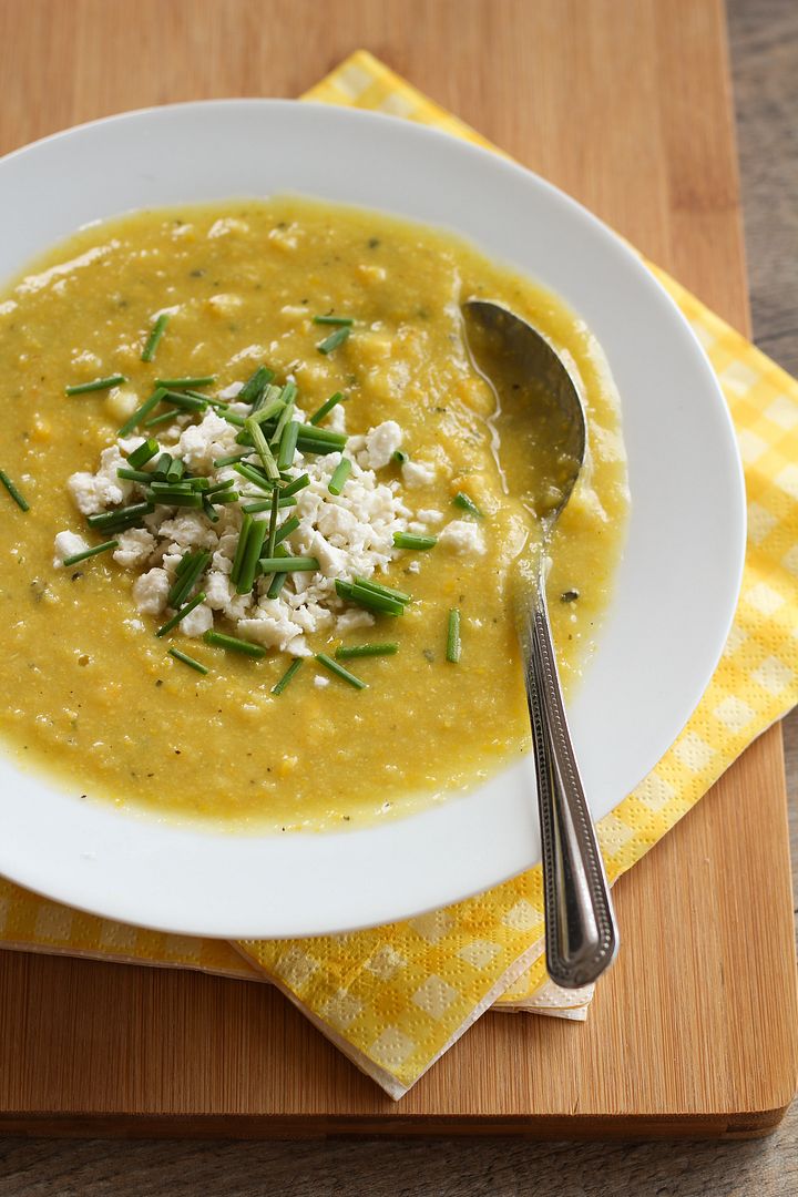 Golden Summer Squash and Corn Soup, topped with Feta & Chives