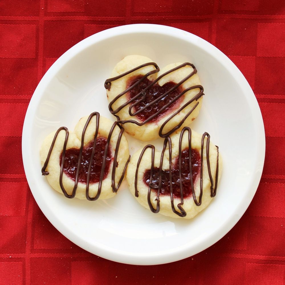 Raspberry Shortbread Heart Cookies with Dark Chocolate Drizzle