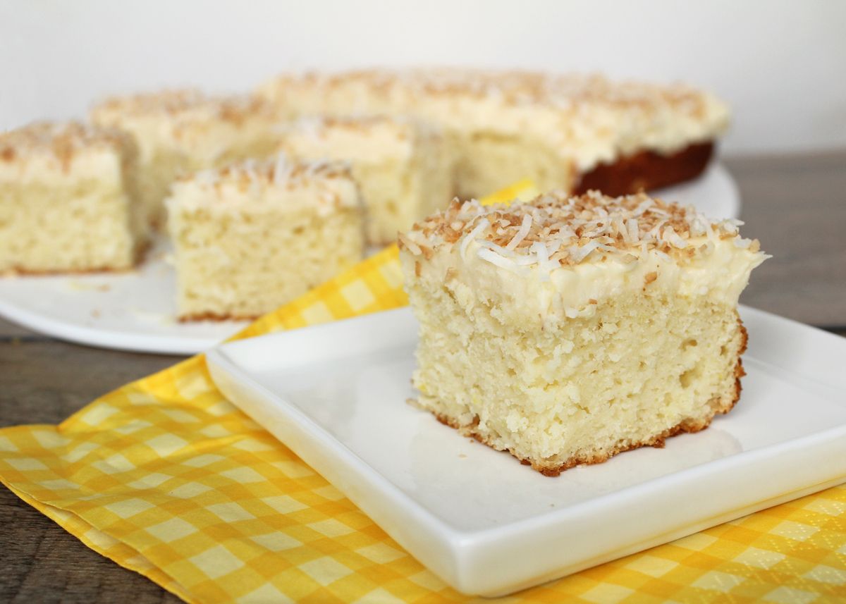 Lemon Yogurt Snack Cake with Coconut Cream Cheese Frosting