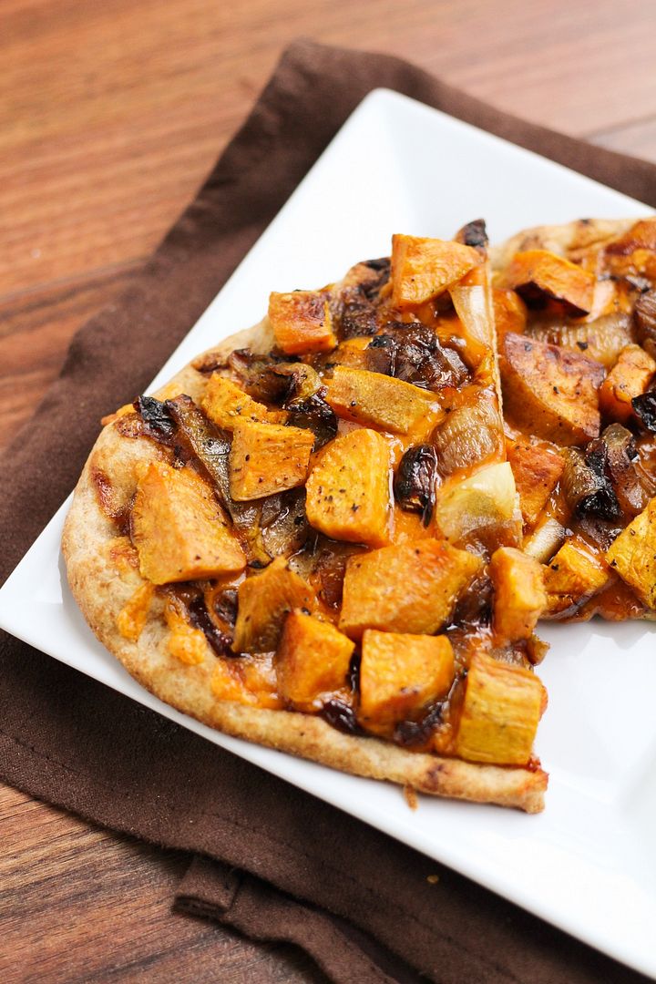 Sweet Potato & Caramelized Onion BBQ Cheddar Pizza