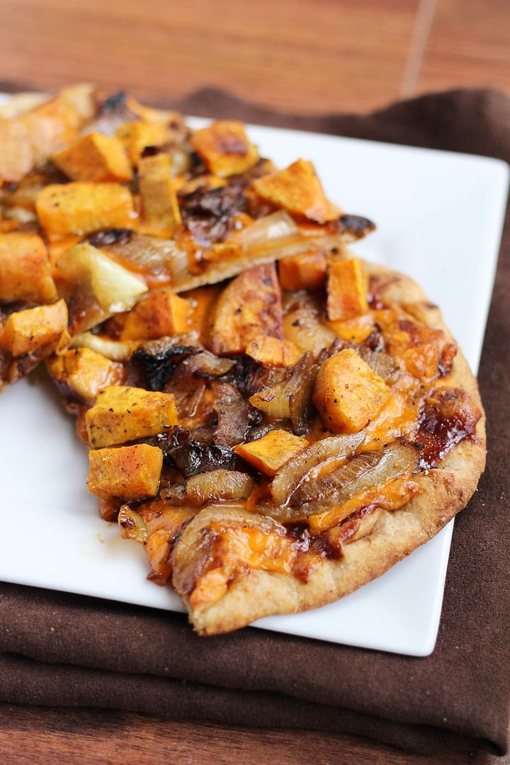 Sweet Potato & Caramelized Onion BBQ Cheddar Pizza