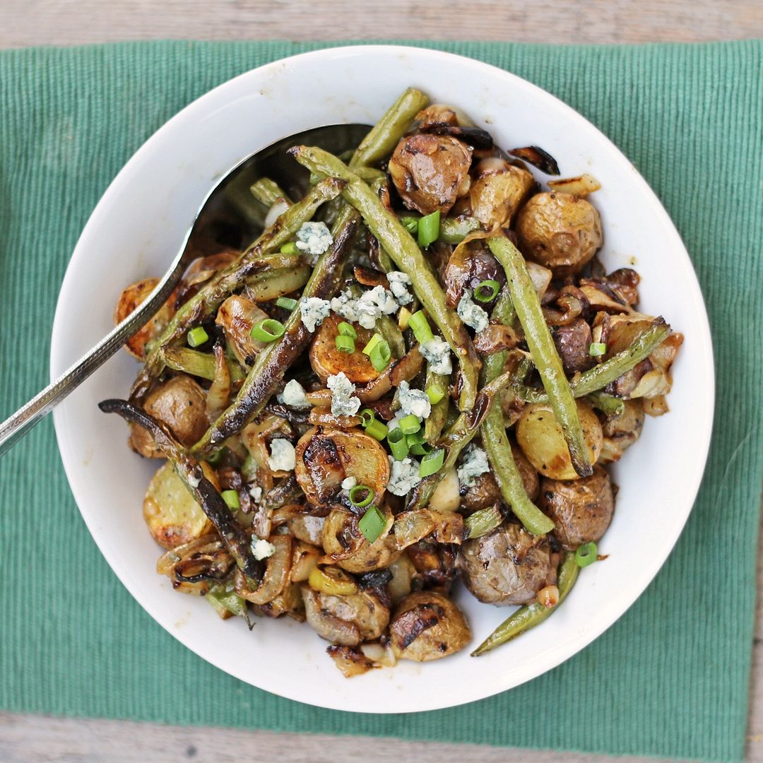 Roasted Potatoes and Green Beans with Caramelized Onions & Blue Cheese