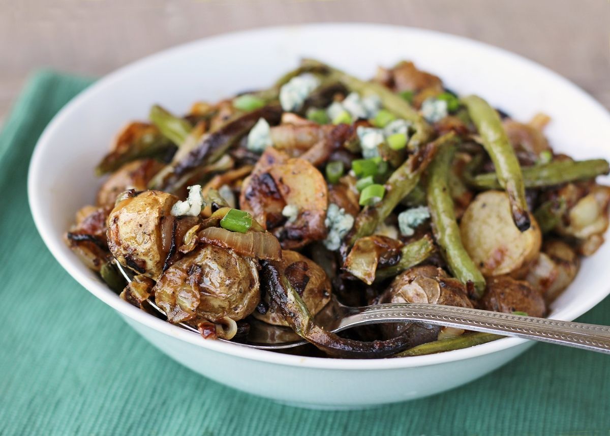 Roasted Potatoes and Green Beans with Caramelized Onions & Blue Cheese
