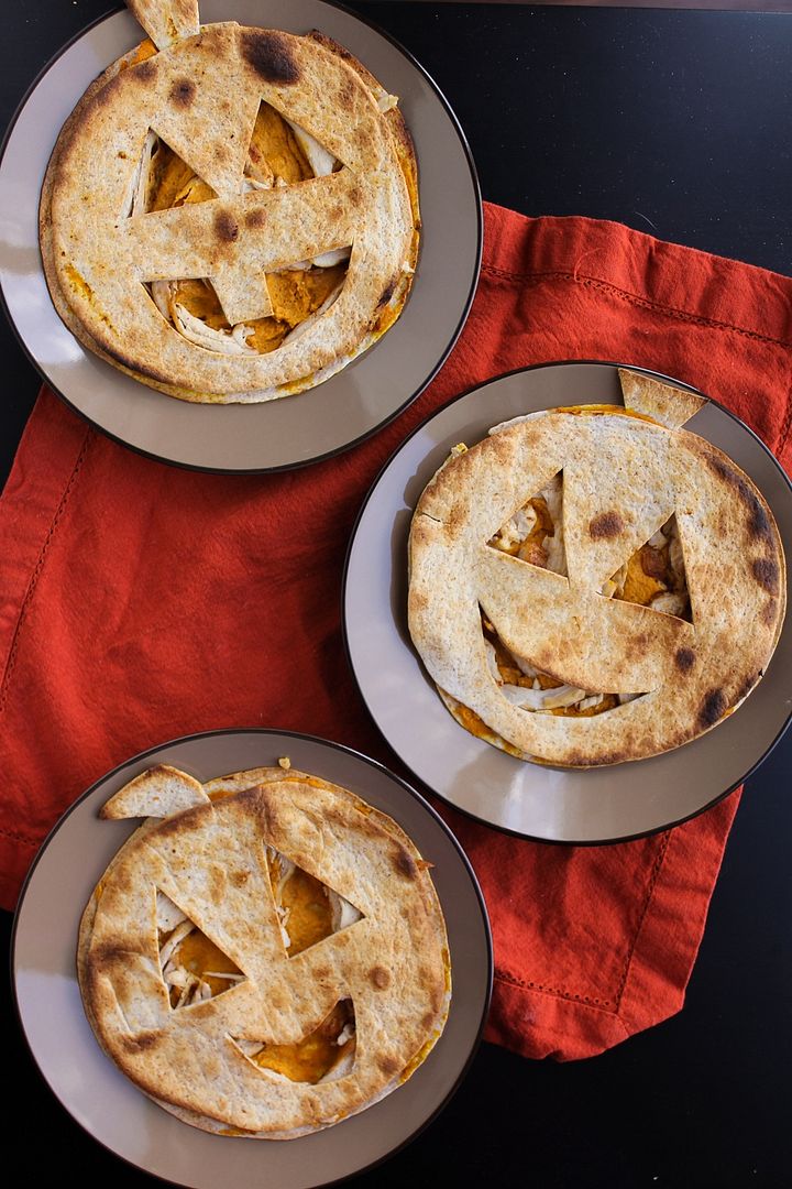 Pumpkin, Chicken, & Goat Cheese Quesadillas (for Halloween!)