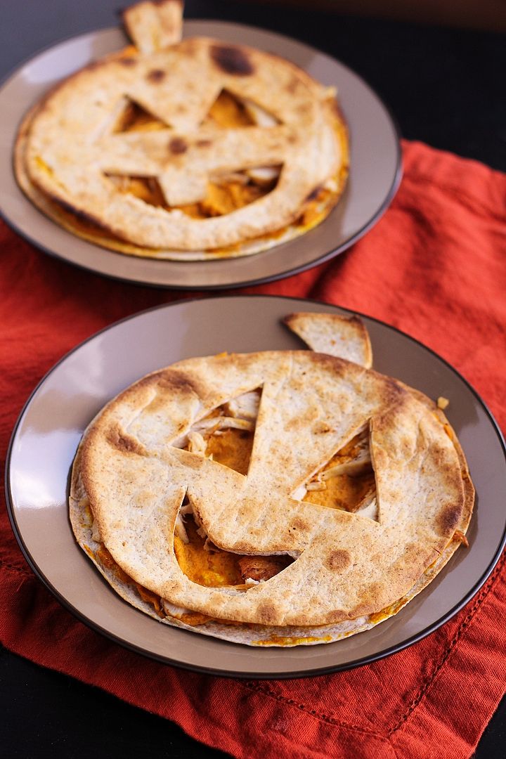 Pumpkin, Chicken, & Goat Cheese Quesadillas(for Halloween!)