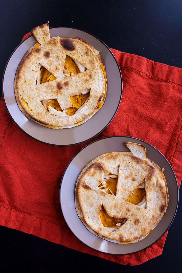 Pumpkin, Chicken, & Goat Cheese Quesadillas(for Halloween!)