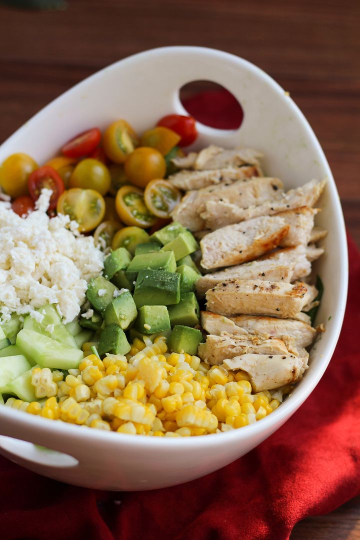 Summer Salad with Chicken, Corn, Tomato, Avocado, Cucumber, & Feta